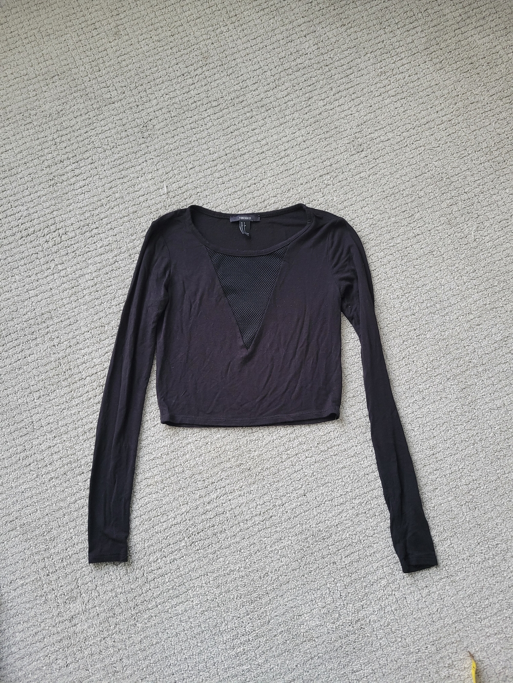 Forever 21 Black Long-Sleeve Crop Top with Mesh V-Inset